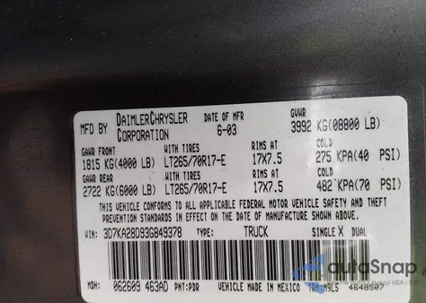 2003 Dodge Ram 2500 Slt/Laramie/St из США, поврежденный, VIN 3D7KA28D93G849378